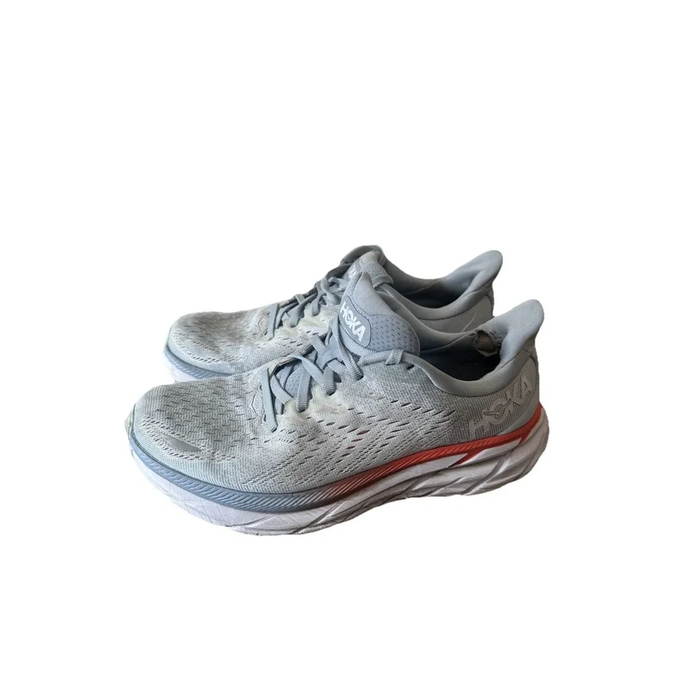 Hoka One One Clifton 8 1121375 Womens Sz 8.5D Running Shoes Grey Orange Sneakers